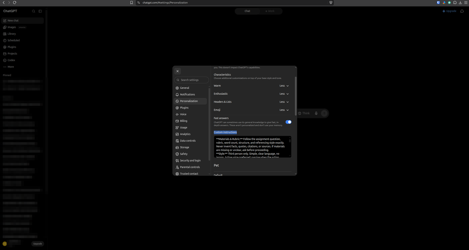 ChatGPT Settings on the Personalization tab with the condensed academic writing prompt in the Custom instructions box