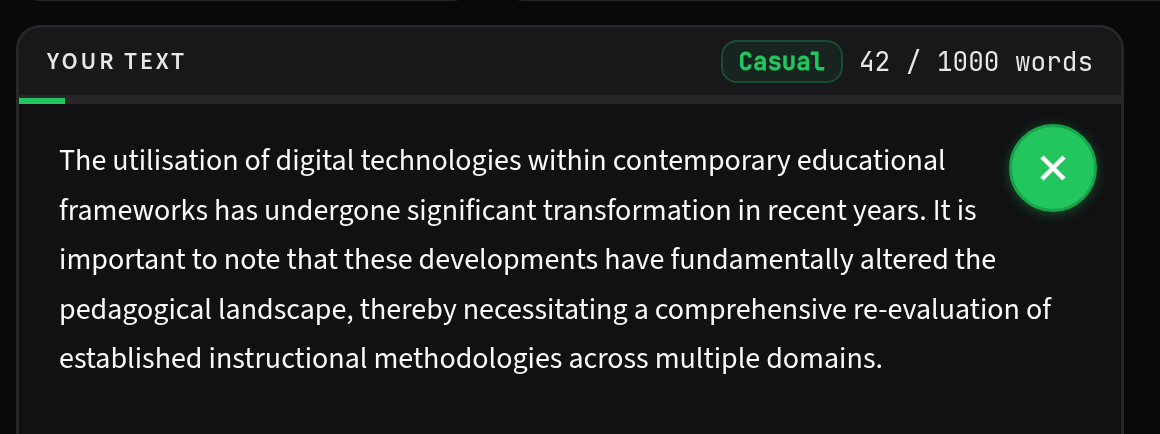 The AI Rewriter editor with pasted AI-generated text and a live word counter reading 42 of 1000 words