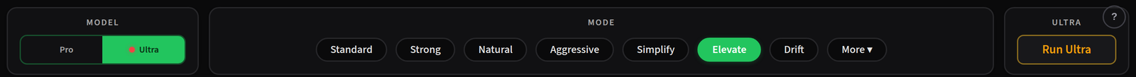 The AI Rewriter settings row showing the model switch, six rewrite modes with Elevate selected, and the Run Ultra button